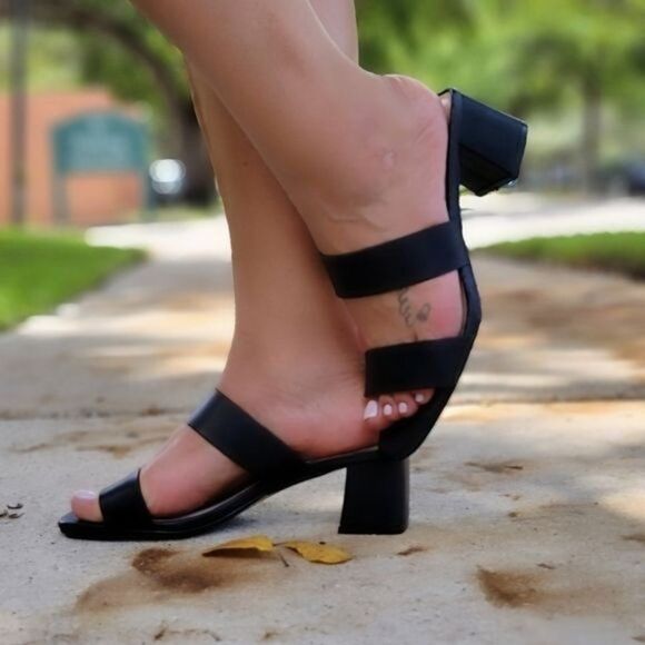 Shoes - Women’s Comfortable Slip On Sandals Chunky Heel Double Strap Square Sole